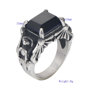 Gothic 11mm black glass stone ring in vintage silver finish with wing engravings