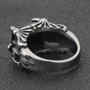 Retro gothic 11mm punk ring with square black stone and silver wing texture detail