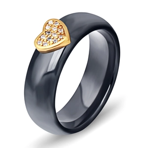 6mm black ceramic ring with gold heart inlay and micro-paved sparkling crystals
