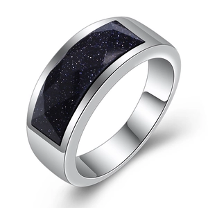 Polished stainless steel ring with rectangular blue sandstone inlay in 45-degree angle view
