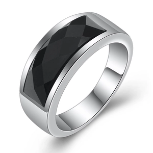 Polished stainless steel ring featuring a faceted rectangular black onyx stone inlay