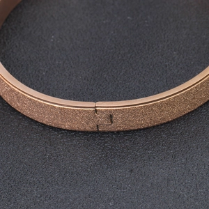 Detail of rose gold frosted titanium steel bangle featuring a secure hinge clasp mechanism