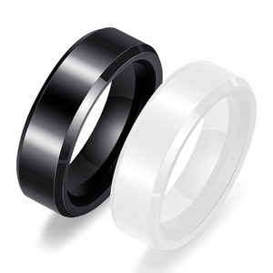 Polished black and white ceramic 6mm couple rings with minimalist bevelled edges