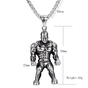 Dimensioni dettagliate del ciondolo uomo muscoloso argento con catena box in acciaio inox