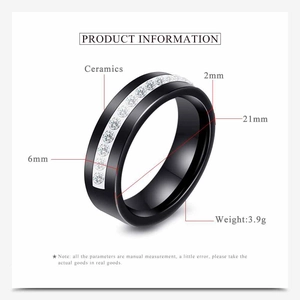 6mm black ceramic ring with single row of cubic zirconia stones and dimensional measurements
