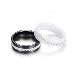 Minimalist black and white 6mm ceramic rings with row of inlaid zircons for couples