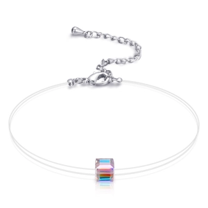 Minimalist invisible necklace with aurora crystal cube pendant and silver lobster clasp