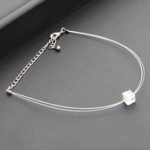 Minimalist crystal cube pendant on transparent double-strand fishing line necklace
