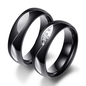 Anillo de Pareja Minimalista de Acero Inoxidable 304 Con Patrón de Hoja Zirconia Incrustada Negro Plata Joyería de Moda Hombre Mujer Regalo San Valentín