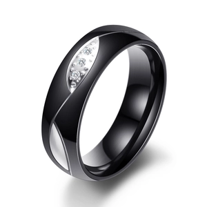 Anillo de pareja de acero inoxidable cepillado negro con circonitas de 6 mm