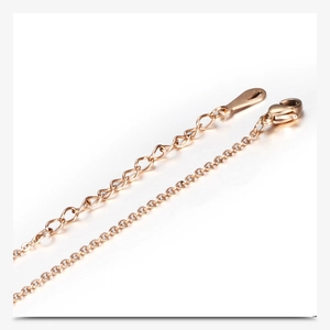Detail of rose gold extender chain with lobster clasp and water-drop tag on white background