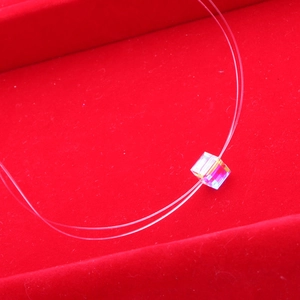 Minimalist crystal cube pendant on invisible fishing line with rainbow AB coating