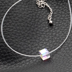 Minimalist invisible fishline necklace with aurora crystal pendant on leather