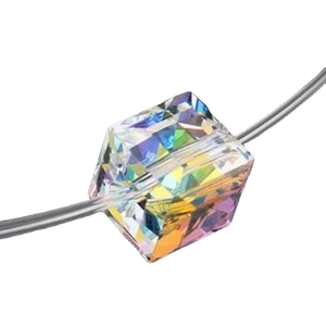 Minimalist fishing line necklace with a multifaceted AB rainbow crystal cube pendant
