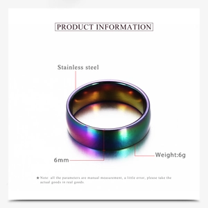 Detail showing 6mm rainbow stainless steel ring dimensions, weight, and material specifications
