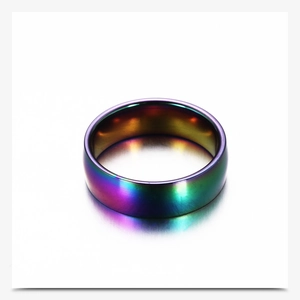 Macro view showing the 6mm rainbow titanium steel ring with polished mirror surface