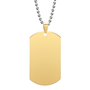 Polished gold stainless steel dog tag pendant with silver bead chain on white background