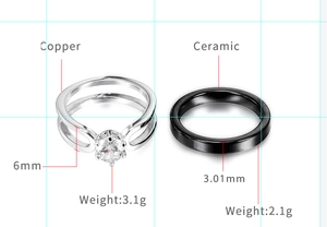 Detailed comparison of 6mm copper ring and 3mm black ceramic ring showing size and weight