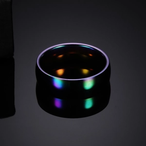 6mm rainbow titanium steel ring with iridescent electroplated finish and mirror reflection