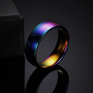 6MM rainbow stainless steel ring with colorful gradient finish and polished metal texture
