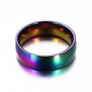 Minimalist 6mm rainbow titanium steel ring with polished iridescent gradient finish