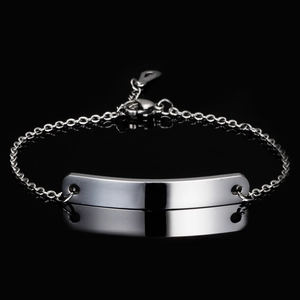 Polished silver stainless steel ID bracelet with curved metal plate and adjustable chain