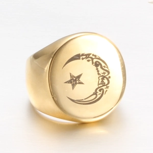 Polished gold stainless steel signet ring with engraved moon star and Arabic calligraphy