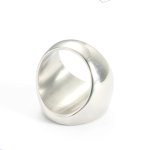 Detailed view of wide silver stainless steel band ring with high polish mirror finish