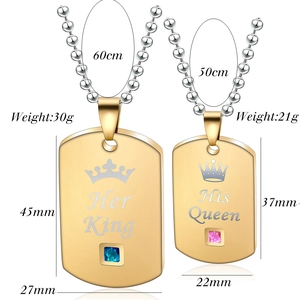 Stainless steel military tag necklace set for couples with Her King and His Queen engravings
