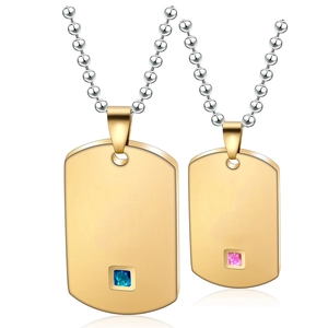 Matching gold military tag necklaces for couples with inset blue and pink crystals