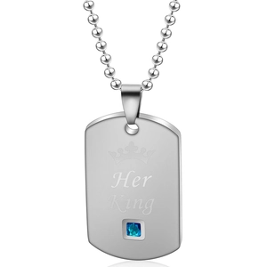 Detail of Her King military tag necklace with crown motif and blue gemstone inlay