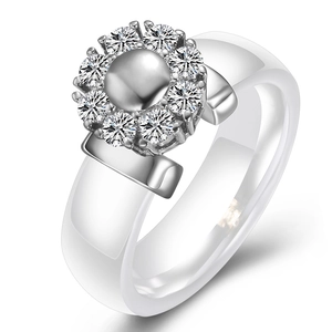 6mm white ceramic flower ring with sparkling zircon stones and adjustable silver band