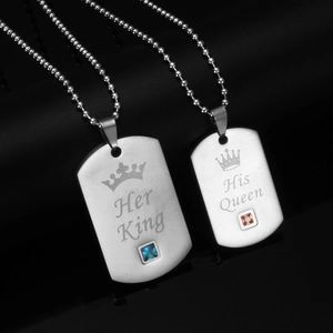 Stainless steel dog tag couples necklaces with Her King His Queen crown engraving