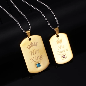 Her King and His Queen stainless steel couple dog tag necklaces with crown engraving