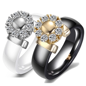 Modern Ceramic Flower Zirconia Ring Minimalist Geometric Inlaid White Black Ceramic Bands For Women Valentine Day Jewelry Gift