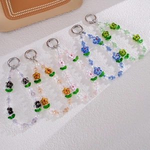 Handmade Glass Beaded Flower Phone Chain Wrist Strap Bag Charm Anti-lost Lanyard Women Fashion Decoration Accessory