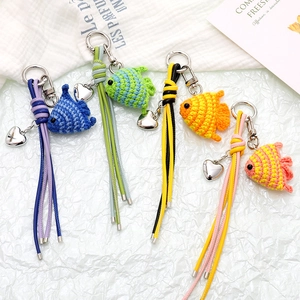 Handmade Crochet Small Fish Bag Charm Keychain With Heart Pendant And Leather Cord Versatile Hanging Ornament For Women