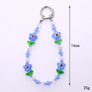 Blue glass plum blossom beaded phone strap with leaves and silver spring ring buckle