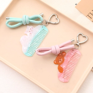 Cute Cartoon Bear Cat Acetate Mini Comb Keychain With Bow Knot PU Leather Strap Heart Metal Buckle Bag Charm For Women