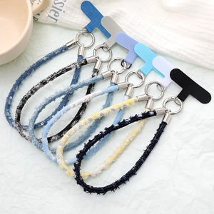 Glitter denim wrist phone strap set in six colors with metal lobster clasps