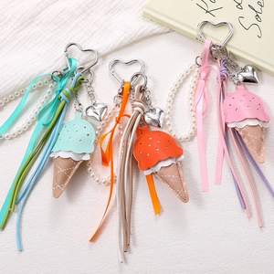 Creative PU Leather Ice Cream Bag Charm With Faux Artificial Pearl Bow Ribbon Heart Shaped Hook Pendant Women Keychain Accessory