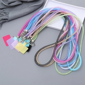 Glittery lanyard strap set with metal clasps and matching phone pads in various colors