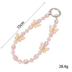 Pink crystal beaded phone strap with alloy butterfly pendants and 15cm length