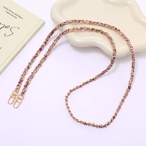 Golden metal chain strap with purple tweed fabric and lobster clasps for women handbag