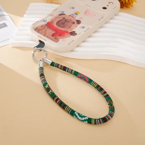 Ethnic style woven phone wrist strap with embossed bear case and lucky lettering
