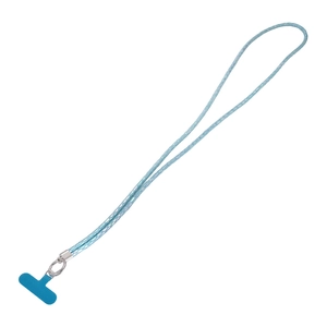 Détail du cordon de téléphone tressé bleu clair avec anneau argenté et attache en T