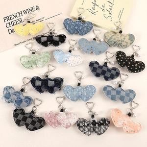 Fashion Denim Cloth Heart Shaped Keychain Sequin Star Checkered Pattern Bag Pendant With Metal Clasp Faux Artificial Pearl Accessory
