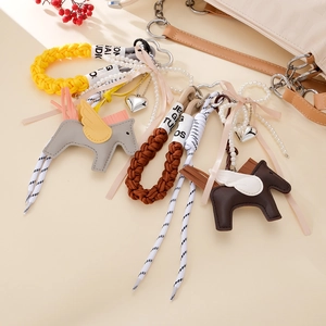 Handmade Braided Leather Pegasus Bag Charm With Wings Heart Pendant Artificial Pearl Ribbon Bow Keyring For Women Handbag Accessories
