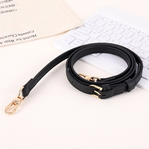 Adjustable black lychee leather phone strap with gold lobster clasps and buckle