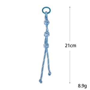 Light blue handmade woven rope bag charm with 21cm length and metal spring clasp